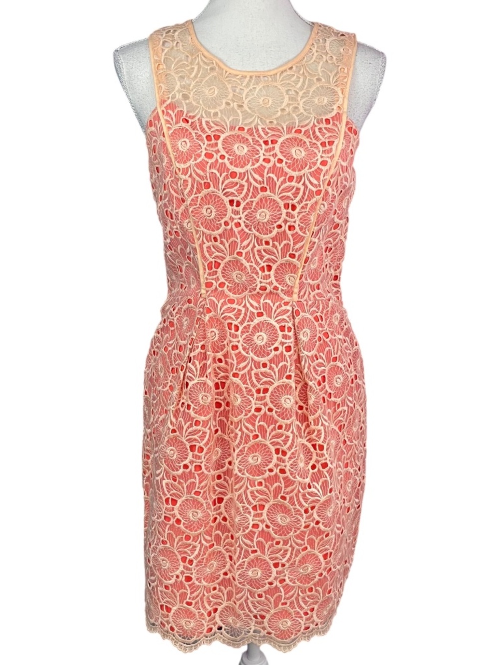 Coquette Guipure Lace Dress 6 Floral Illusion Neckline Sheath Coral Orange Knee